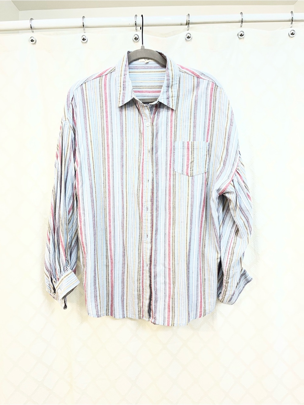 easel Women's Multi-Stripe Button-Down Shirt in White, Blue, Pink